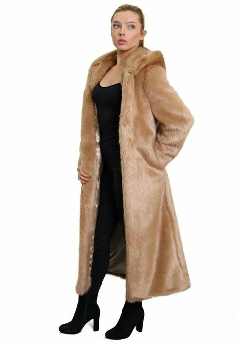De La Creme - Kultiger langer Mantel mit Kunstpelzkapuze für Damen