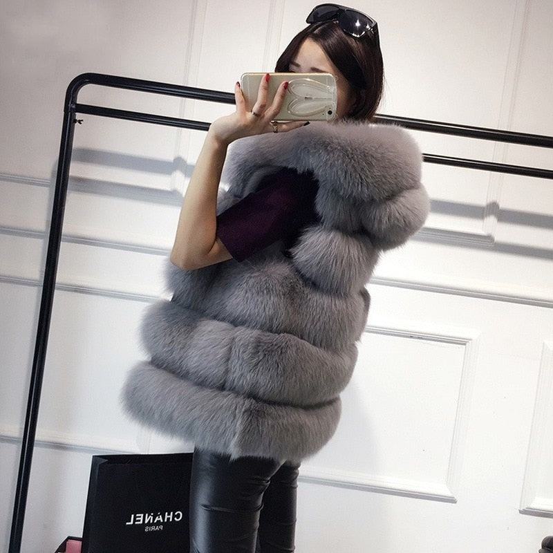 Winter Sleeveless Artificial Fox Fur Coat