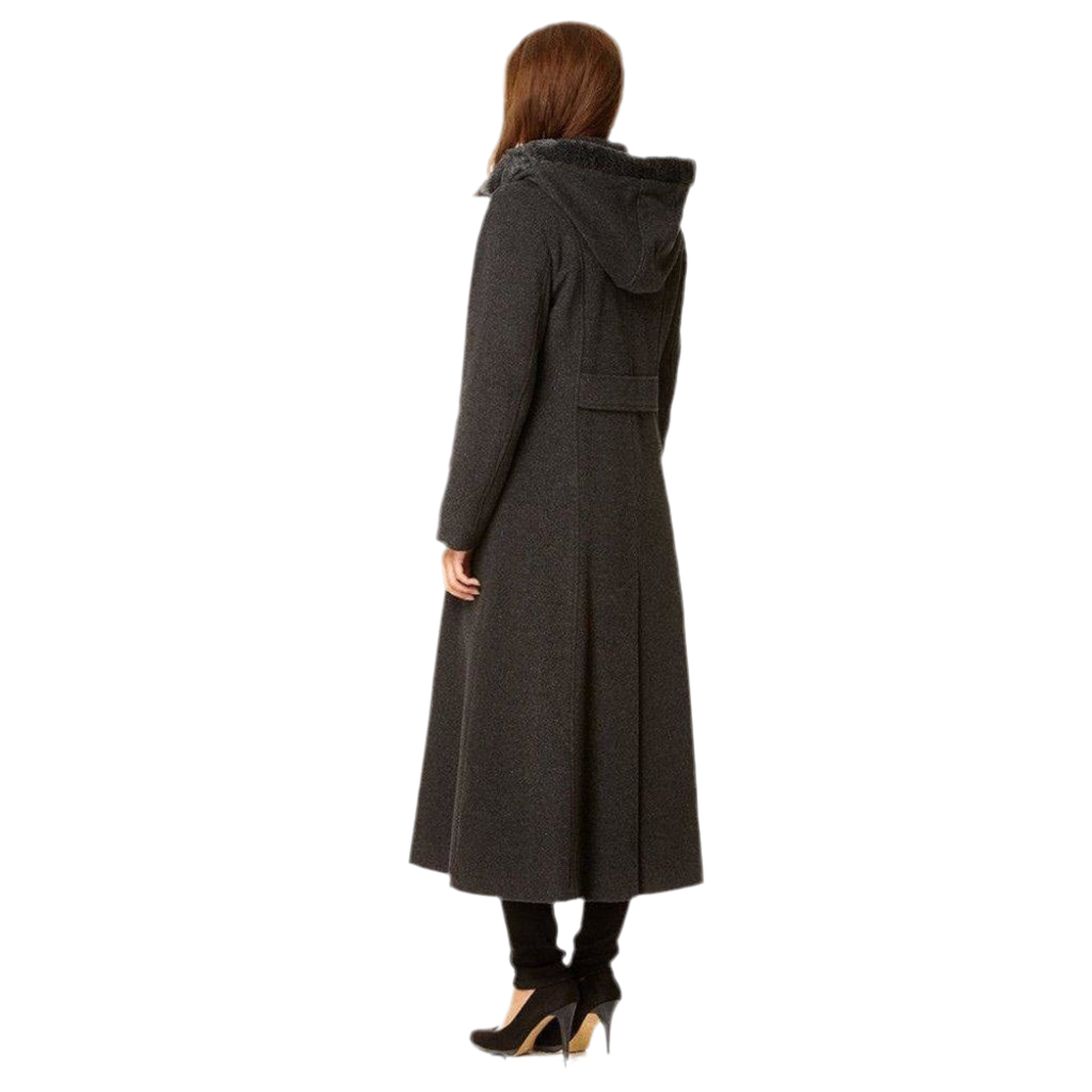 Wool Blend Faux Fur Trim Hooded Long Coat