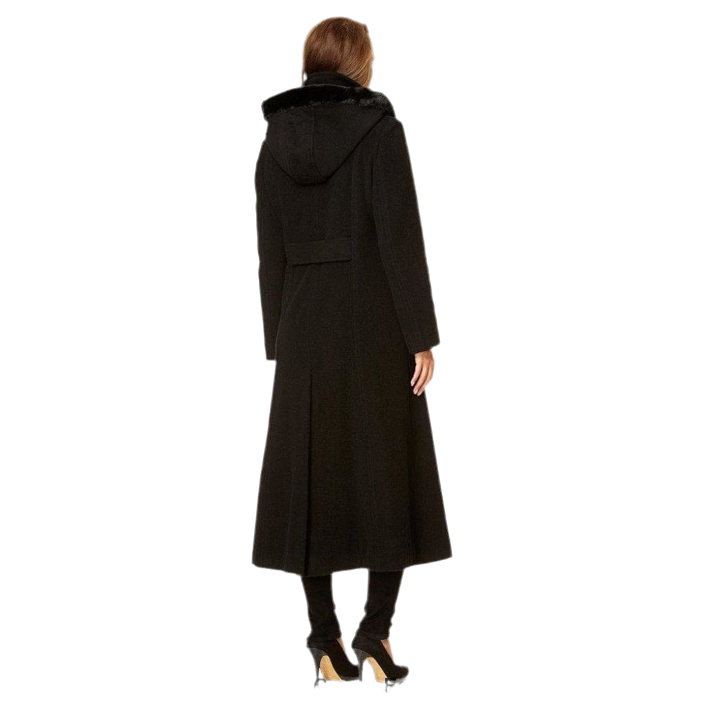 Wool Blend Faux Fur Trim Hooded Long Coat