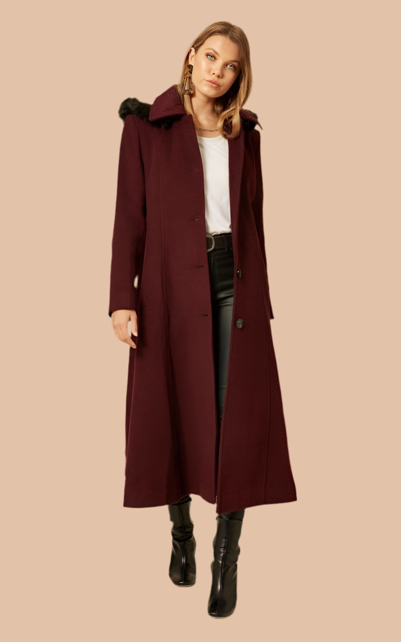 Wool Blend Faux Fur Trim Hooded Long Coat