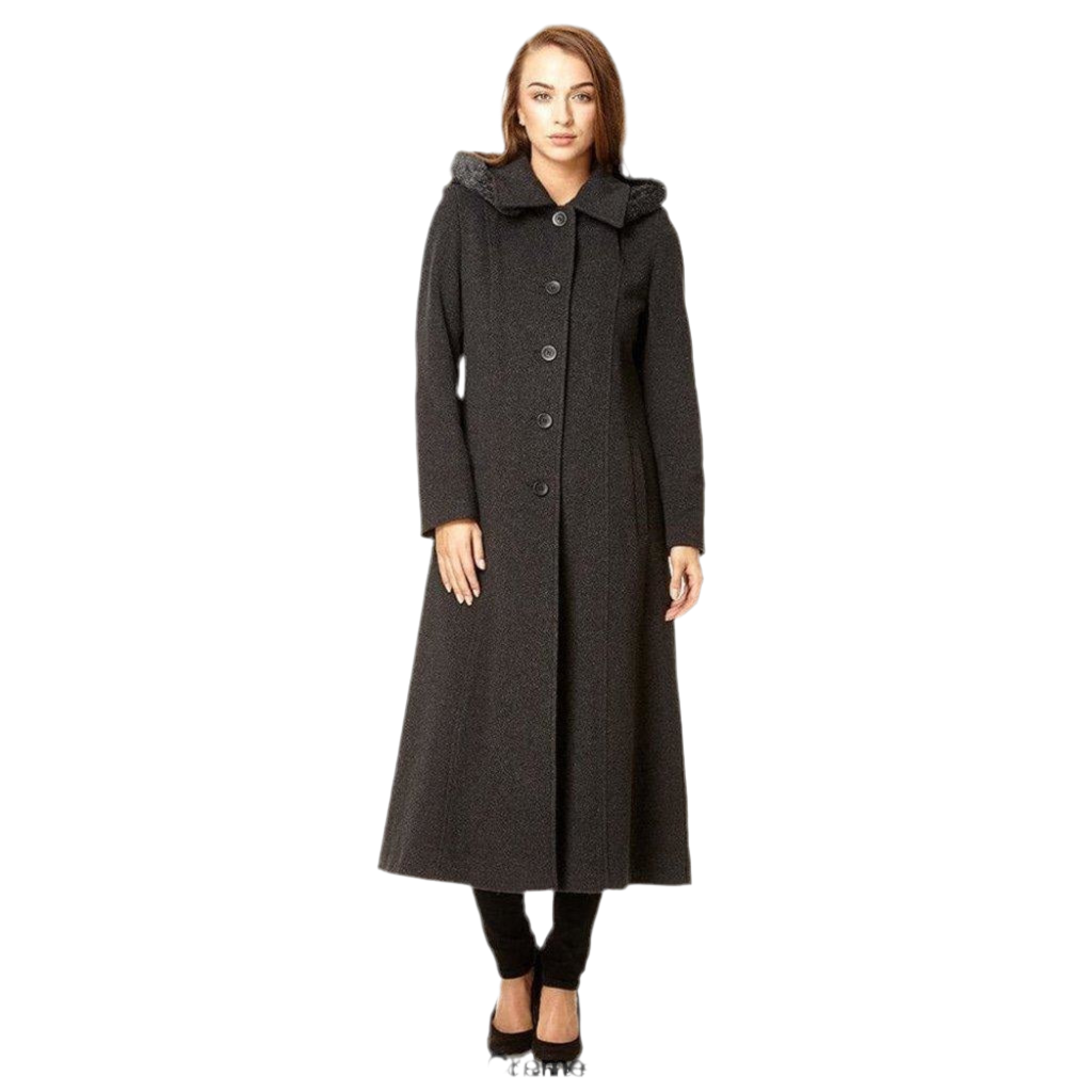 Wool Blend Faux Fur Trim Hooded Long Coat