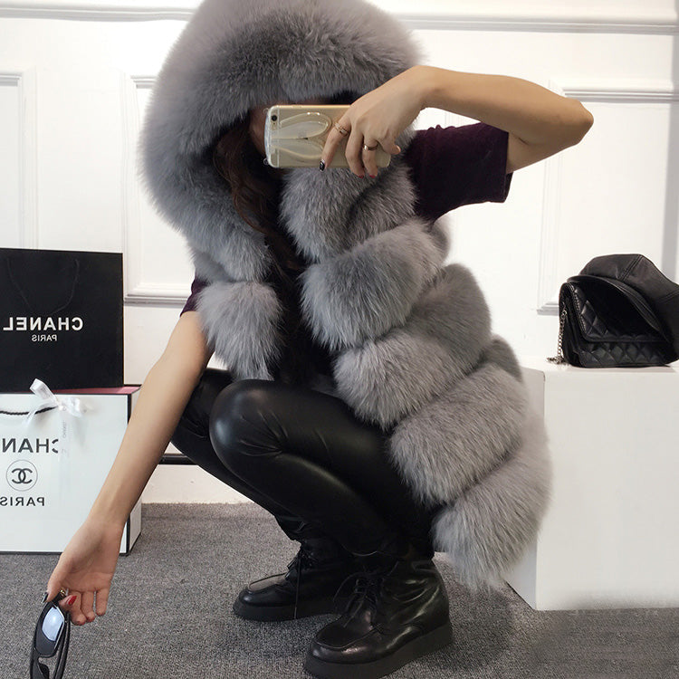 Winter Sleeveless Artificial Fox Fur Coat