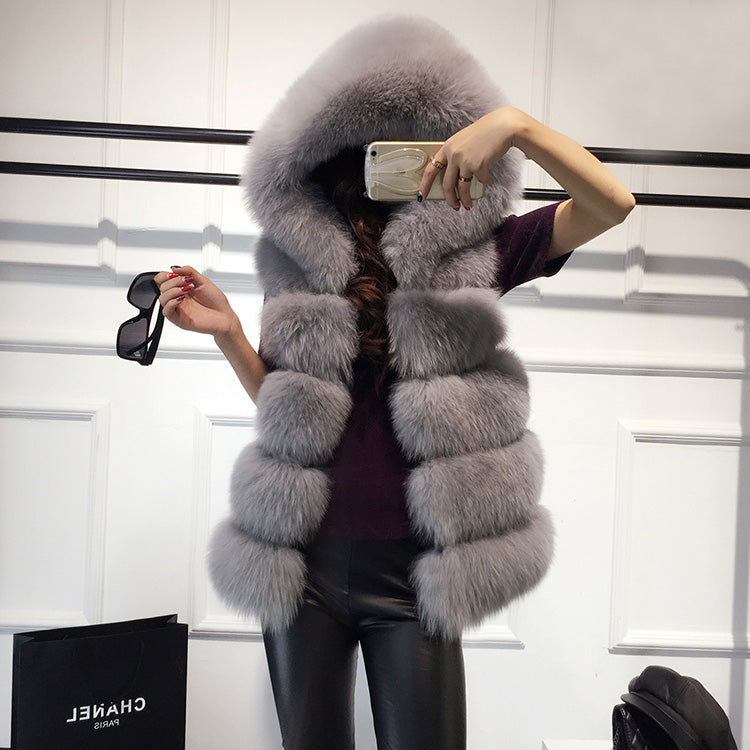 Winter Sleeveless Artificial Fox Fur Coat