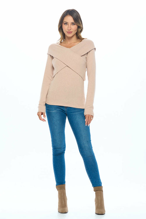 Cashmere Feel Brushed Knit Wrap Off Shoulder Top