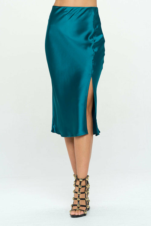 Solid Stretch Satin Midi Skirt with Slit