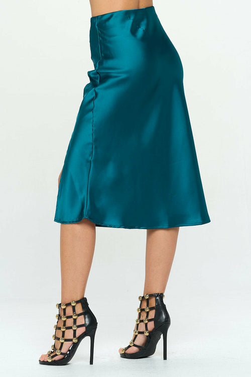 Solid Stretch Satin Midi Skirt with Slit