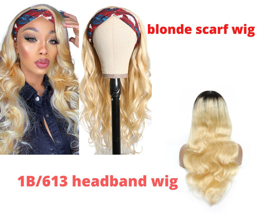 Body Wave #1B/613 Headband Human Hair Wigs For Black Women Blonde Scar