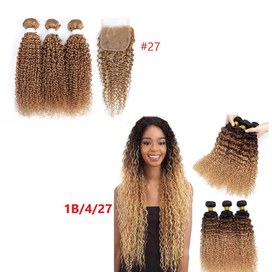 10A Grade Ombre #27 Kinky Curly #1B/4/27 BUNDLES with 4x4 CLOSURES & 1