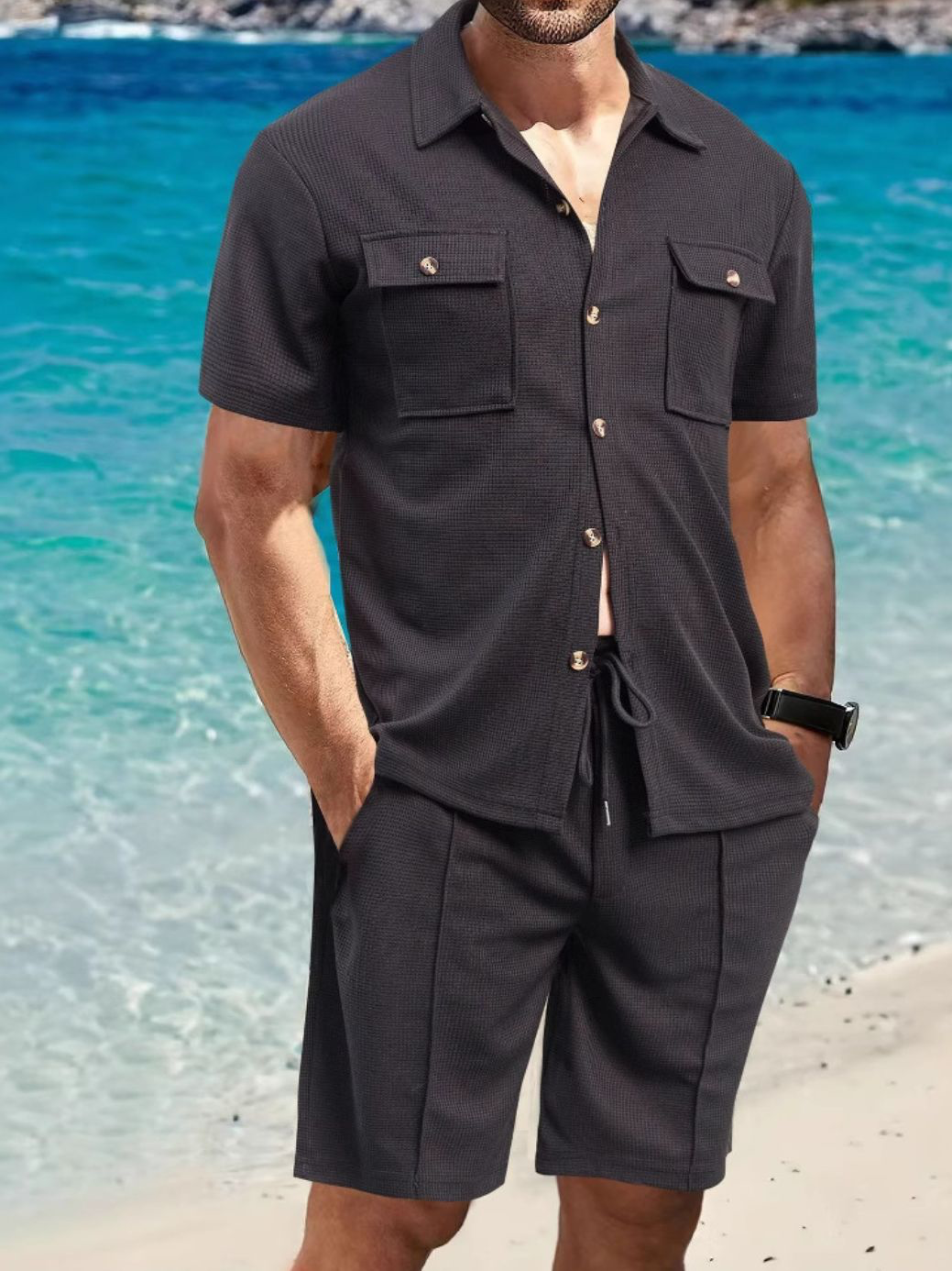 Men's Full Size Button Down Short Sleeve Top and Shorts Set Plus Size