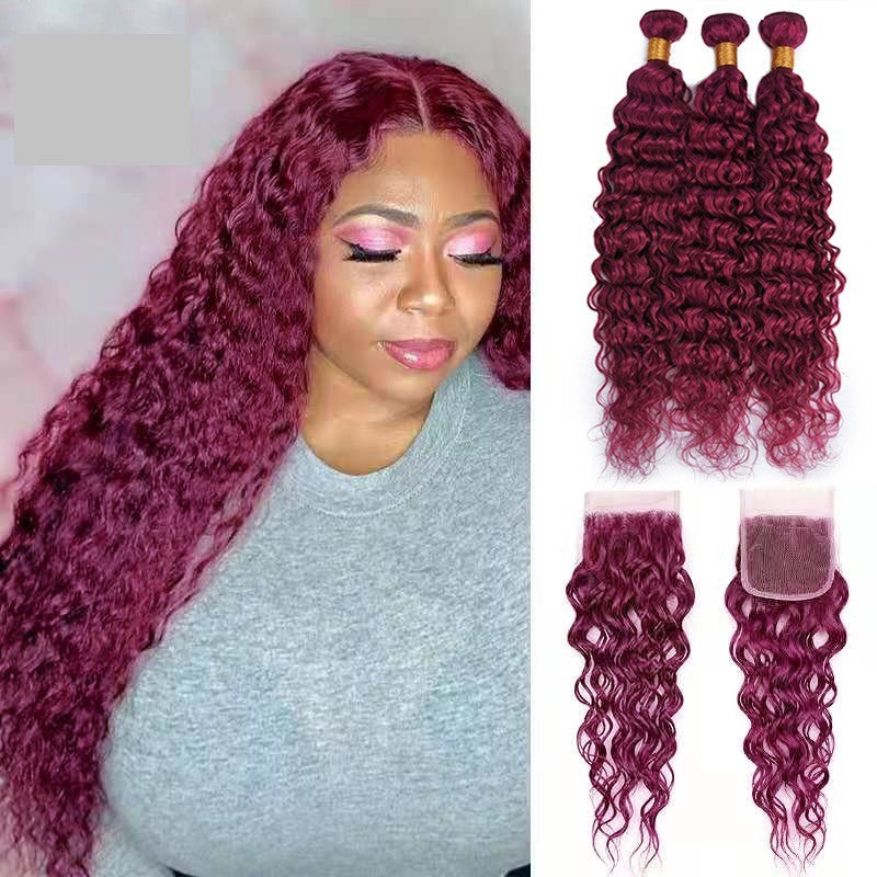 Burg 10A Grade Water Wave #1B/Burgundy BUNDLES with CLOSURES & FRONTAL