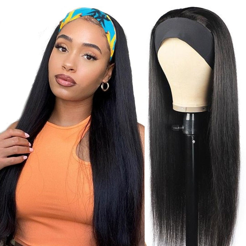 Headband Wig Straight Human Hair Scarf Wig No GLUE Easy Wear for Women