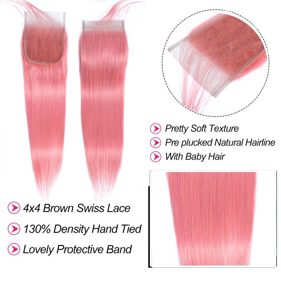 #Pink 10A Grade #1B/Pink Straight 3/4 BUNDLES with CLOSURES & FRONTALS